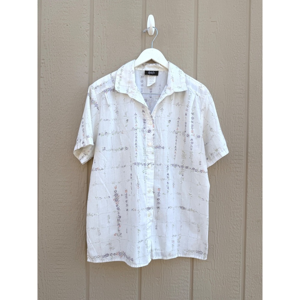 Top & Co Large Shirt Cottagecore Floral Cotton Blend Button Down White